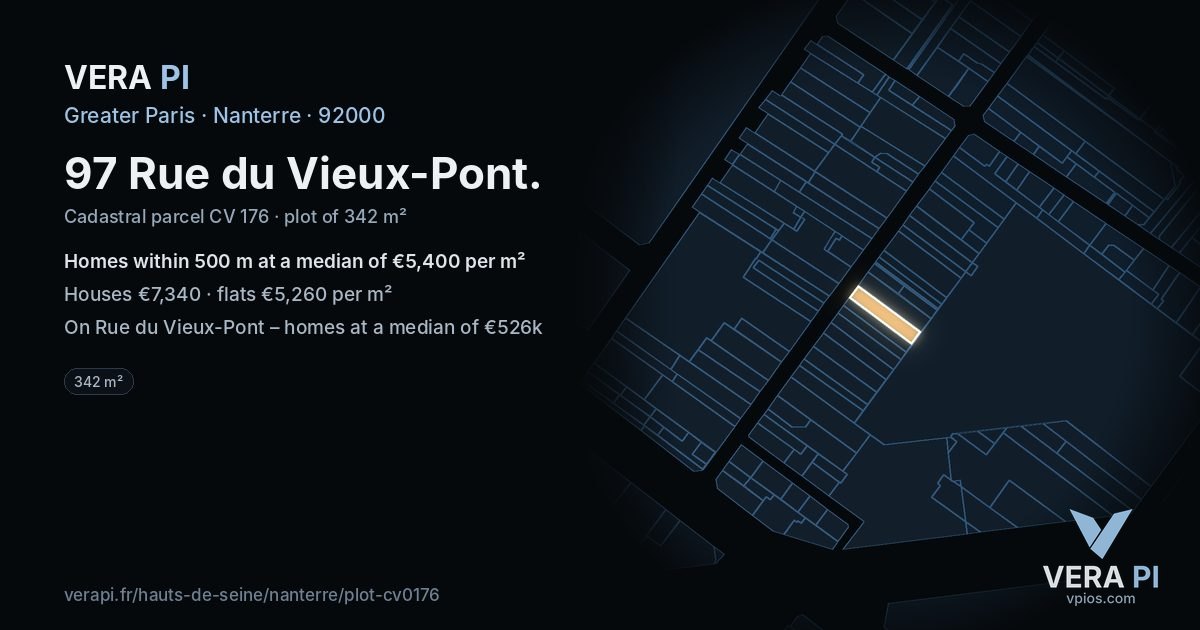 97 Rue du Vieux-Pont, Nanterre at night – the plot lit, the parcels around coloured by the prices near them