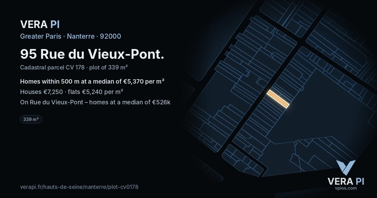 95 Rue du Vieux-Pont, Nanterre at night – the plot lit, the parcels around coloured by the prices near them
