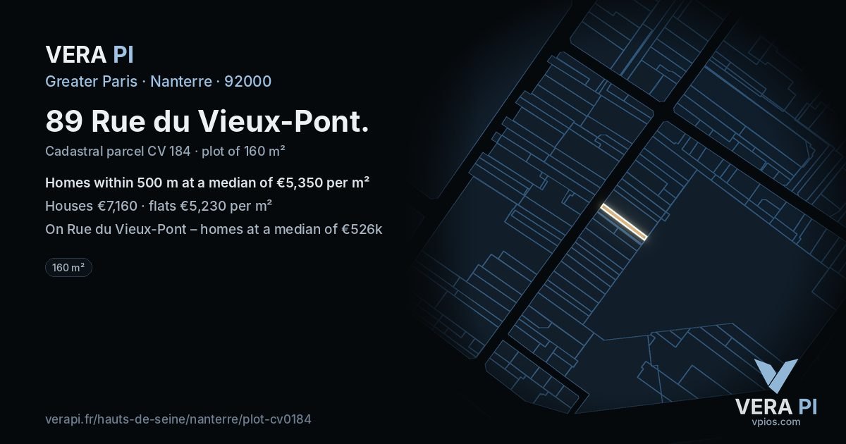 89 Rue du Vieux-Pont, Nanterre at night – the plot lit, the parcels around coloured by the prices near them