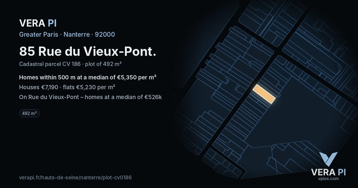 85 Rue du Vieux-Pont, Nanterre at night – the plot lit, the parcels around coloured by the prices near them