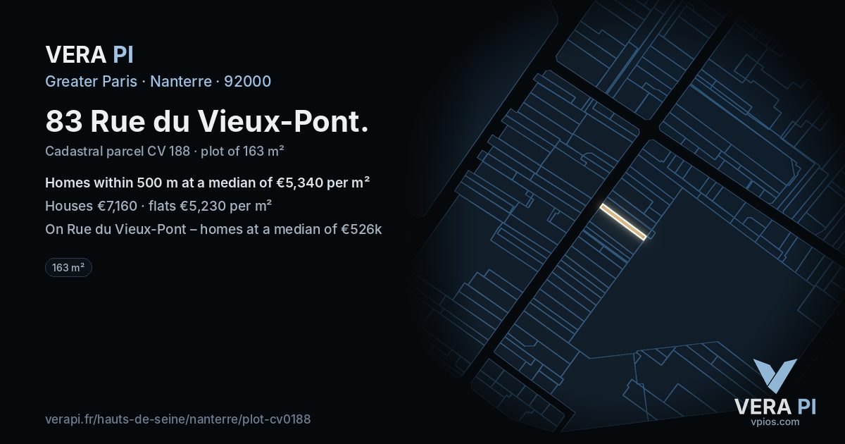 83 Rue du Vieux-Pont, Nanterre at night – the plot lit, the parcels around coloured by the prices near them