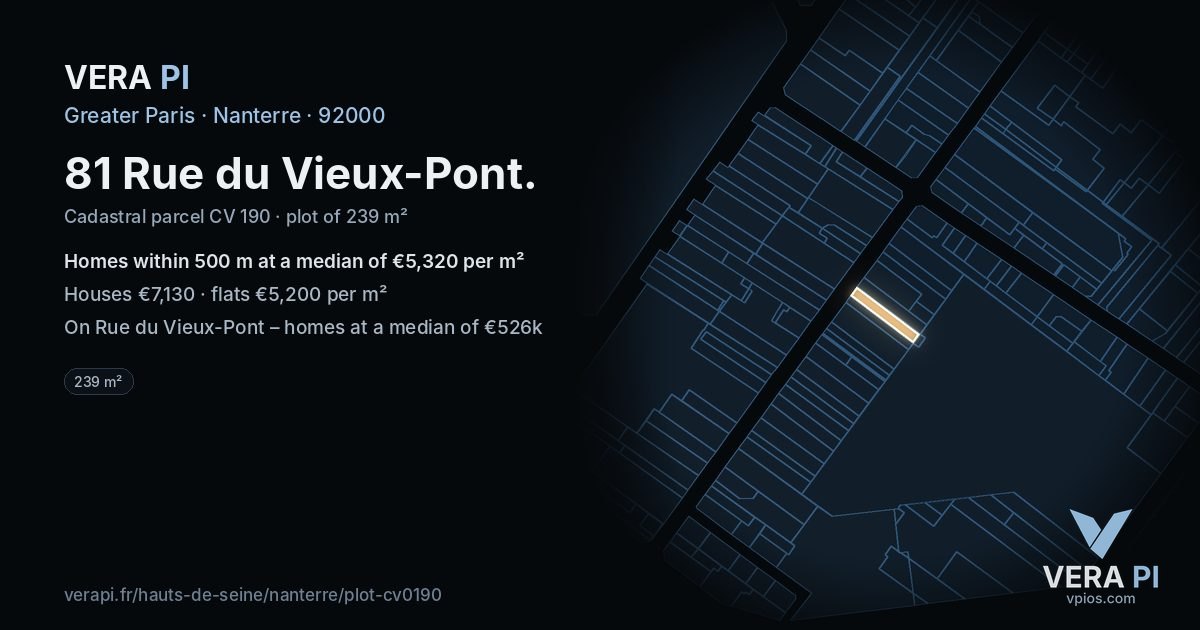 81 Rue du Vieux-Pont, Nanterre at night – the plot lit, the parcels around coloured by the prices near them