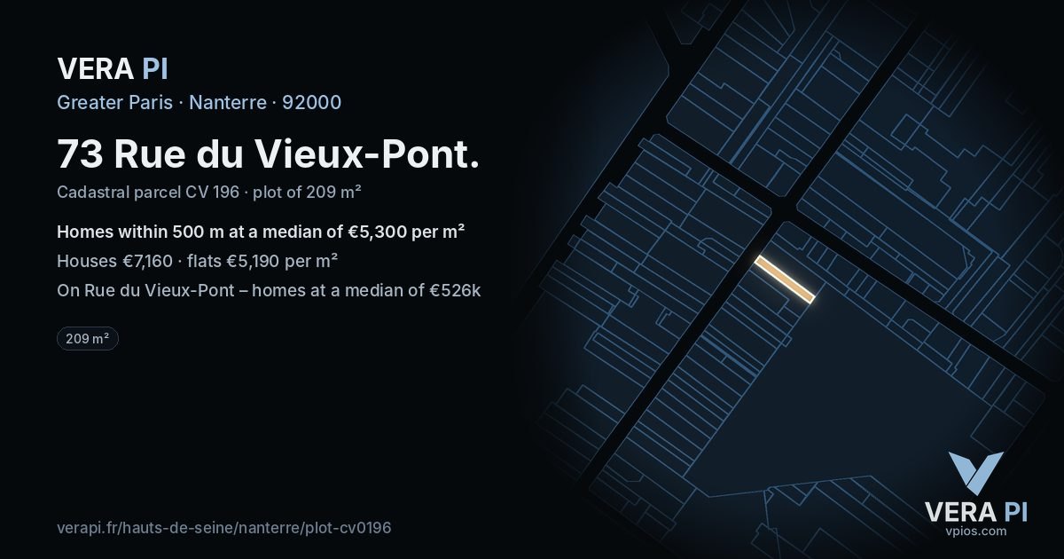 73 Rue du Vieux-Pont, Nanterre at night – the plot lit, the parcels around coloured by the prices near them