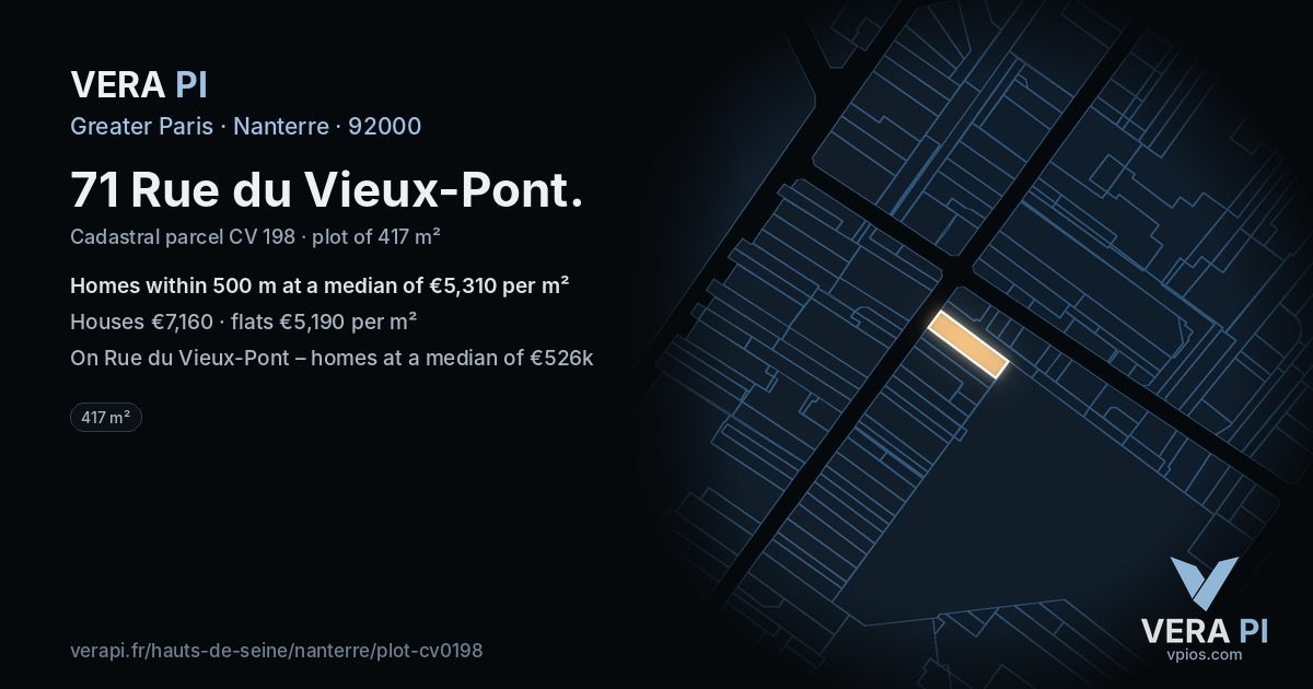 71 Rue du Vieux-Pont, Nanterre at night – the plot lit, the parcels around coloured by the prices near them
