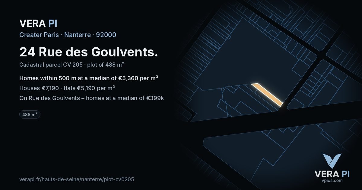 24 Rue des Goulvents, Nanterre at night – the plot lit, the parcels around coloured by the prices near them