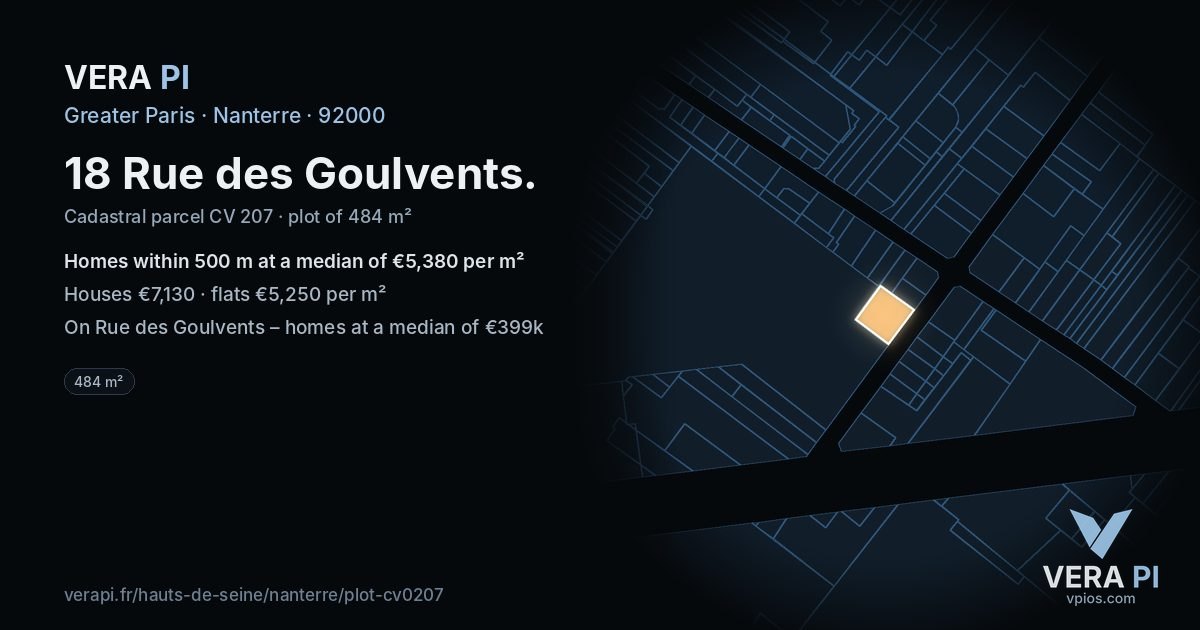 18 Rue des Goulvents, Nanterre at night – the plot lit, the parcels around coloured by the prices near them