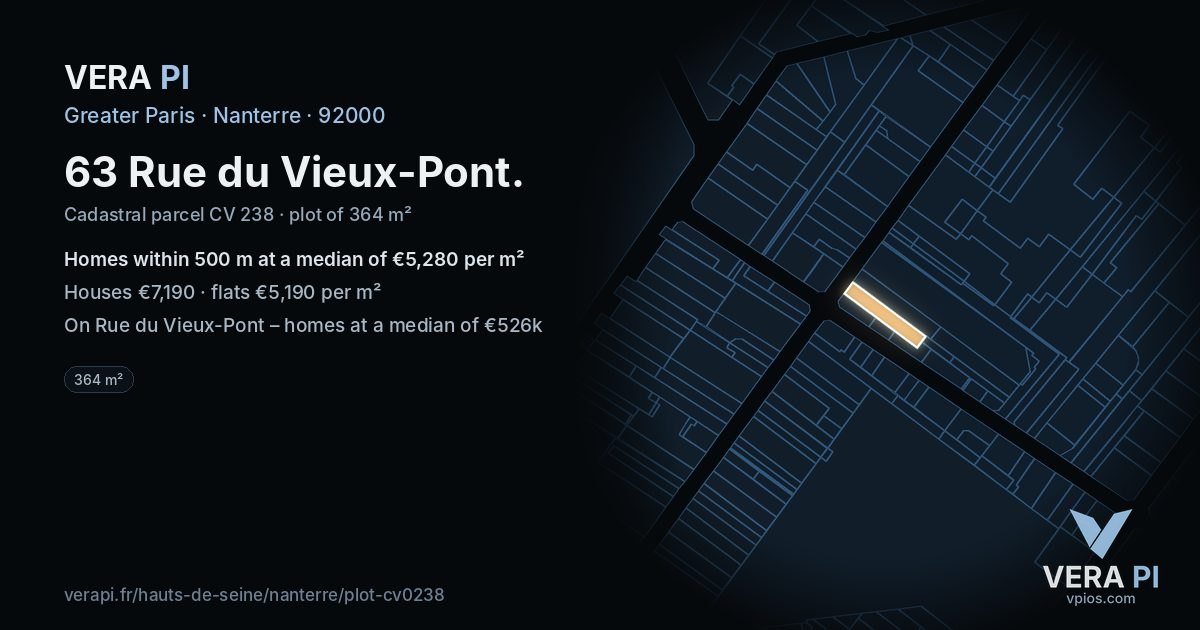 63 Rue du Vieux-Pont, Nanterre at night – the plot lit, the parcels around coloured by the prices near them