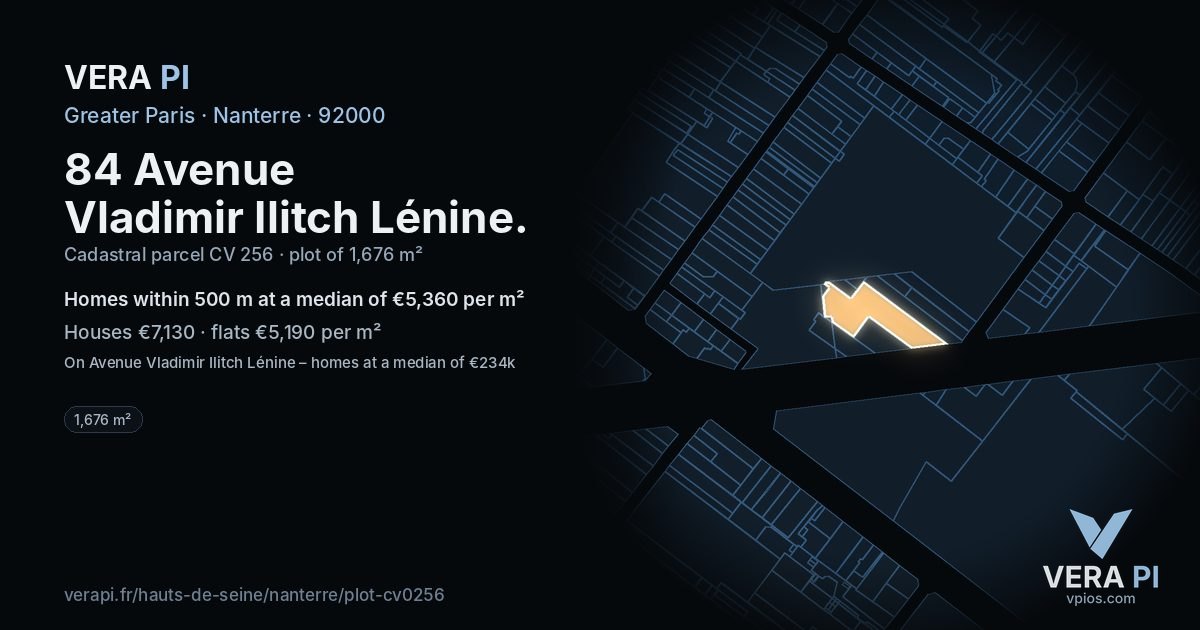 84 Avenue Vladimir Ilitch Lénine, Nanterre at night – the plot lit, the parcels around coloured by the prices near them