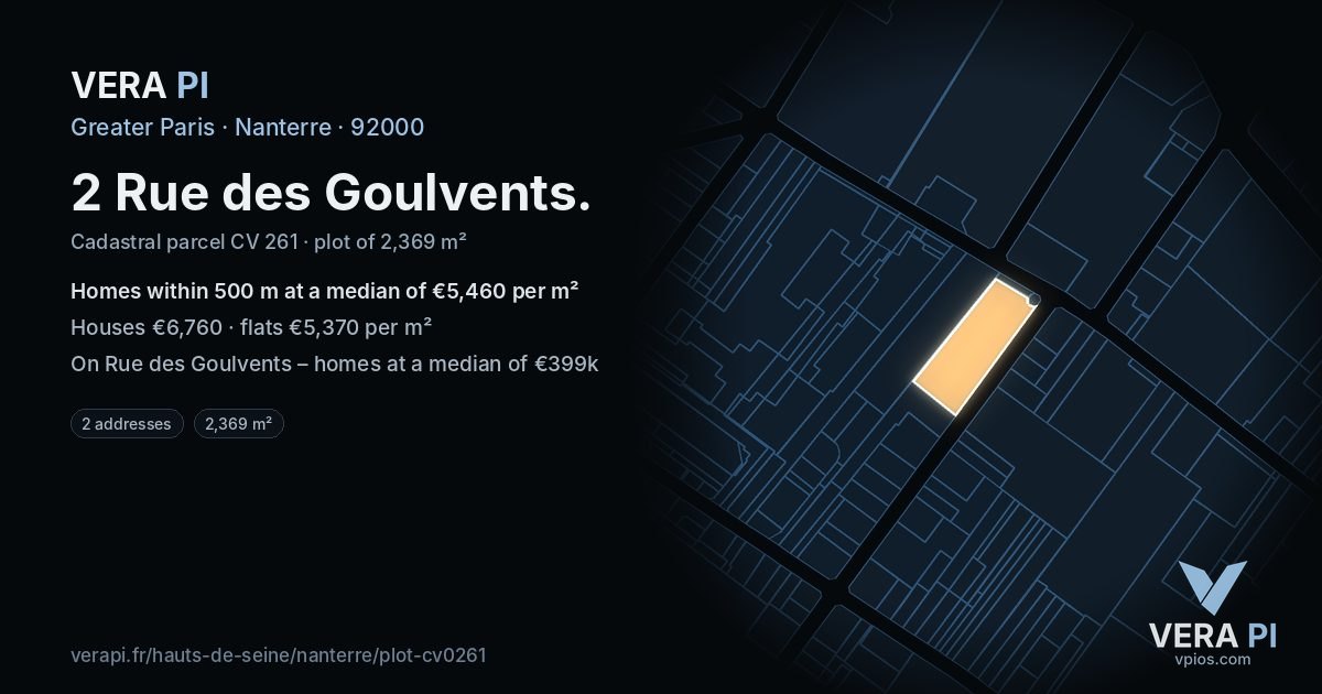 2 Rue des Goulvents, Nanterre at night – the plot lit, the parcels around coloured by the prices near them