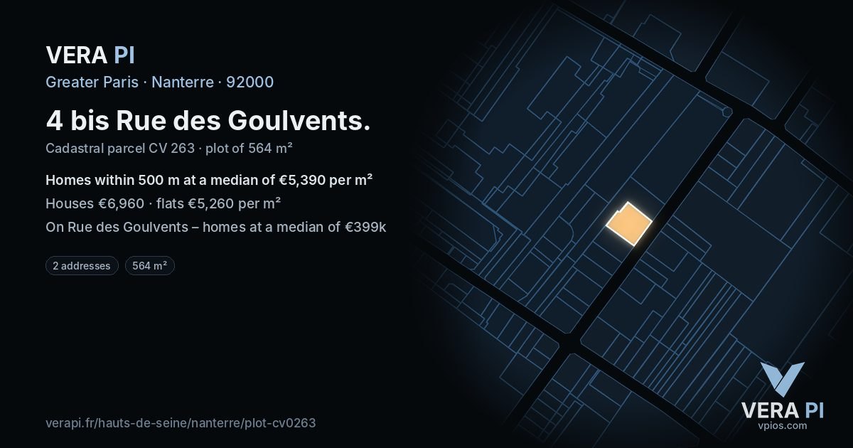 4 bis Rue des Goulvents, Nanterre at night – the plot lit, the parcels around coloured by the prices near them