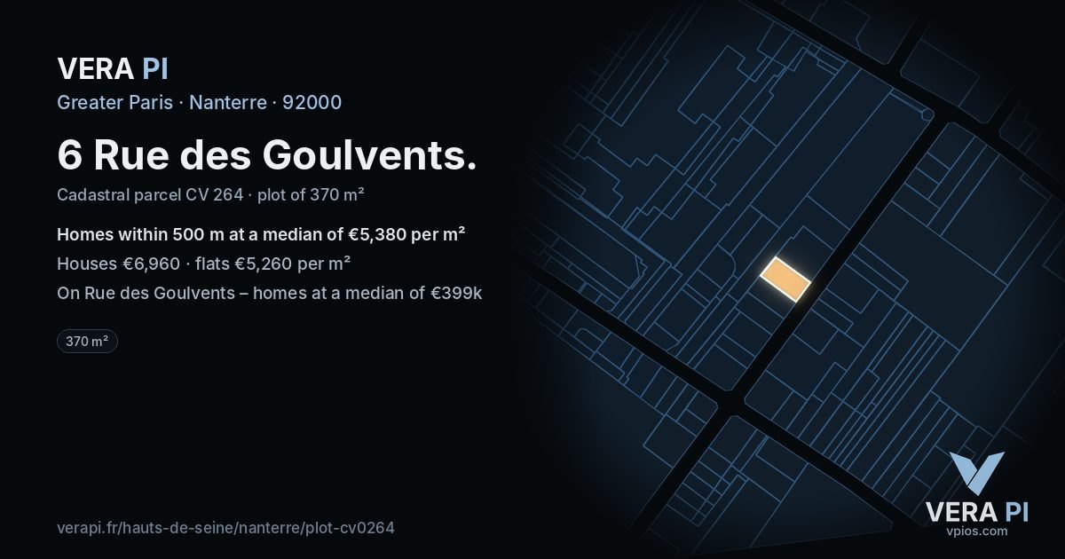 6 Rue des Goulvents, Nanterre at night – the plot lit, the parcels around coloured by the prices near them