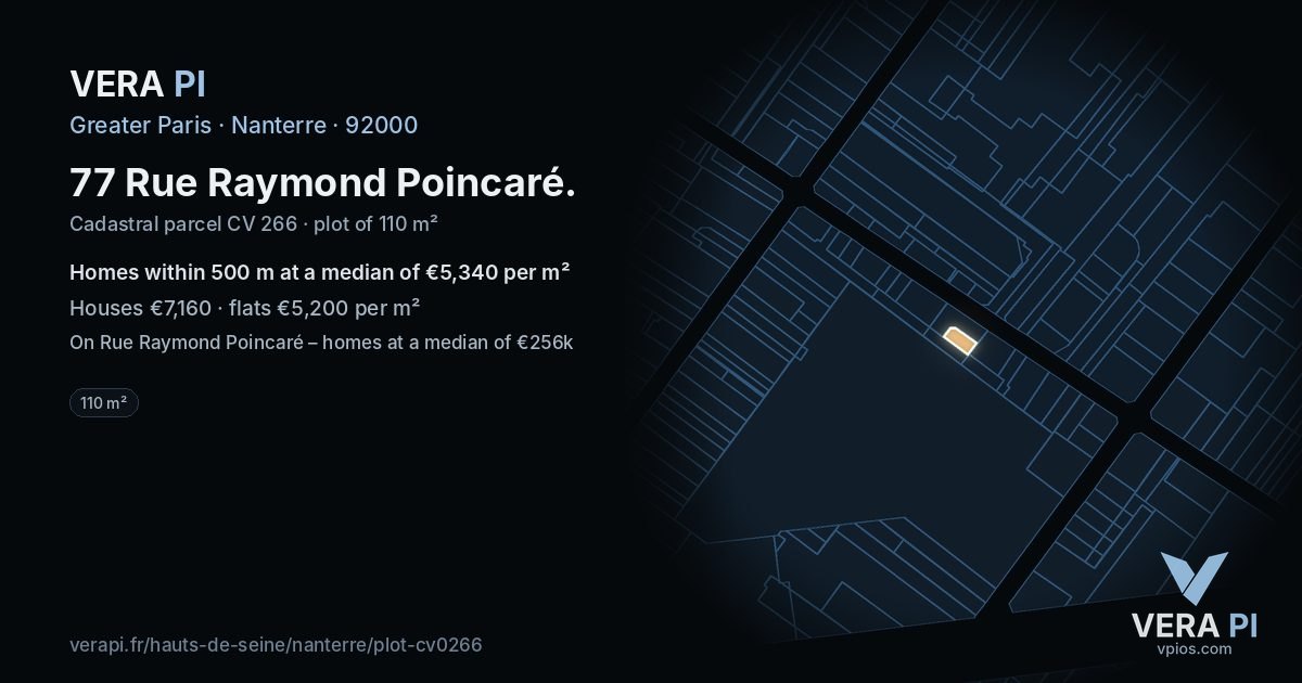 77 Rue Raymond Poincaré, Nanterre at night – the plot lit, the parcels around coloured by the prices near them