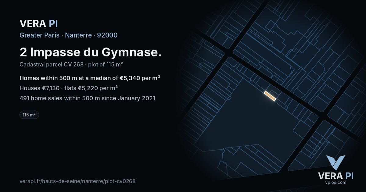 2 Impasse du Gymnase, Nanterre at night – the plot lit, the parcels around coloured by the prices near them