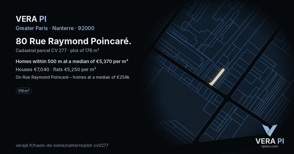 80 Rue Raymond Poincaré, Nanterre at night – the plot lit, the parcels around coloured by the prices near them