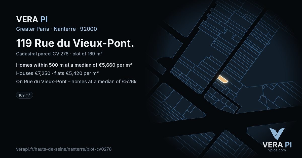 119 Rue du Vieux-Pont, Nanterre at night – the plot lit, the parcels around coloured by the prices near them