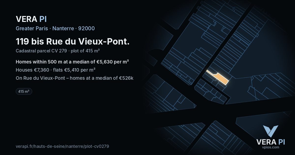 119 bis Rue du Vieux-Pont, Nanterre at night – the plot lit, the parcels around coloured by the prices near them
