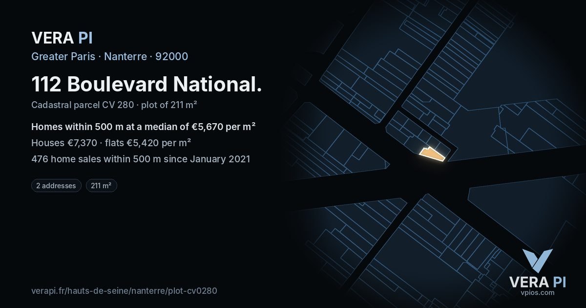 112 Boulevard National, Nanterre at night – the plot lit, the parcels around coloured by the prices near them