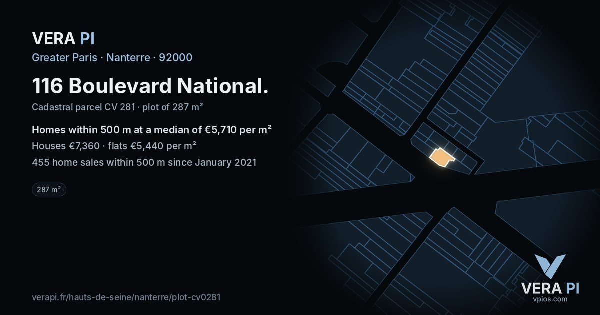 116 Boulevard National, Nanterre at night – the plot lit, the parcels around coloured by the prices near them