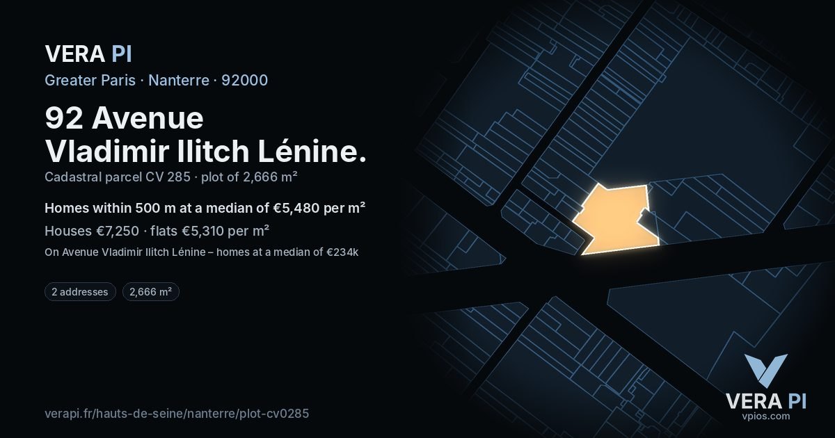 92 Avenue Vladimir Ilitch Lénine, Nanterre at night – the plot lit, the parcels around coloured by the prices near them