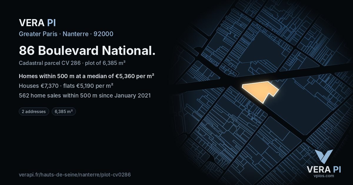 86 Boulevard National, Nanterre at night – the plot lit, the parcels around coloured by the prices near them