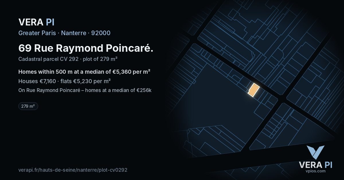 69 Rue Raymond Poincaré, Nanterre at night – the plot lit, the parcels around coloured by the prices near them