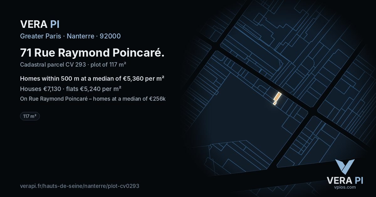 71 Rue Raymond Poincaré, Nanterre at night – the plot lit, the parcels around coloured by the prices near them