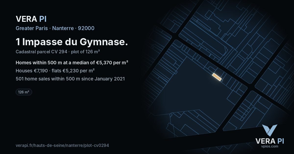 1 Impasse du Gymnase, Nanterre at night – the plot lit, the parcels around coloured by the prices near them