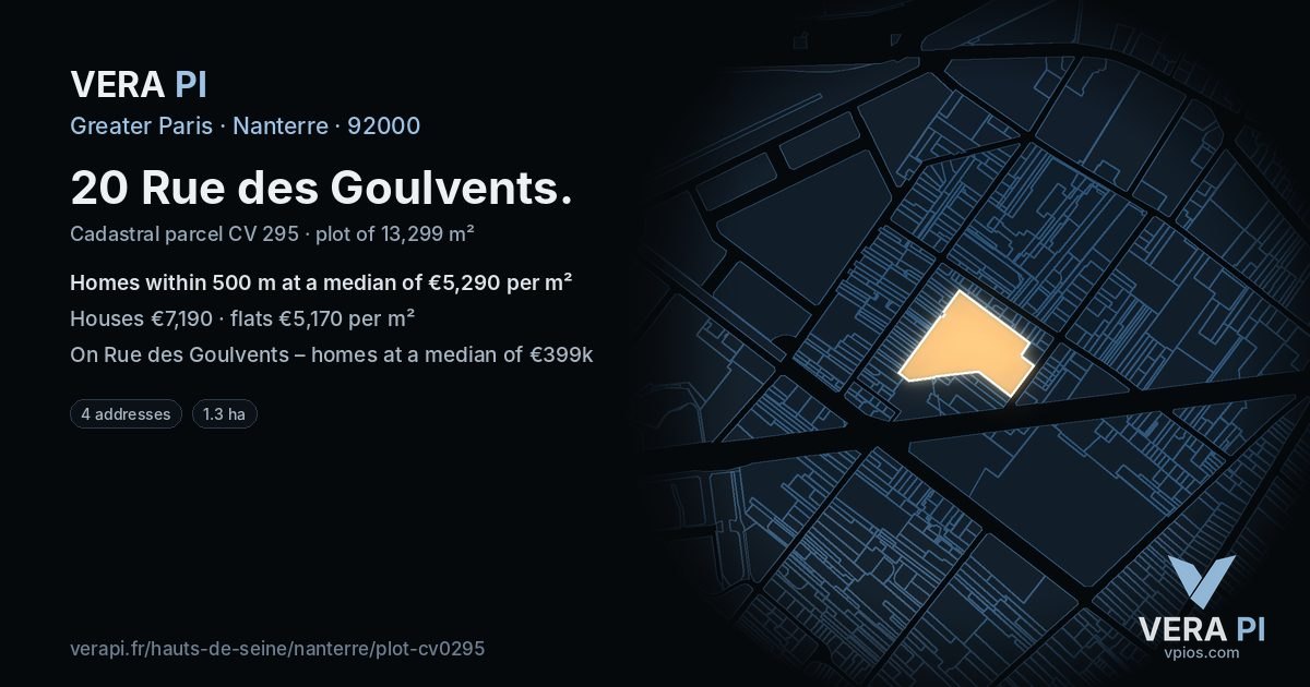 20 Rue des Goulvents, Nanterre at night – the plot lit, the parcels around coloured by the prices near them