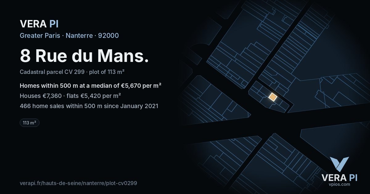 8 Rue du Mans, Nanterre at night – the plot lit, the parcels around coloured by the prices near them