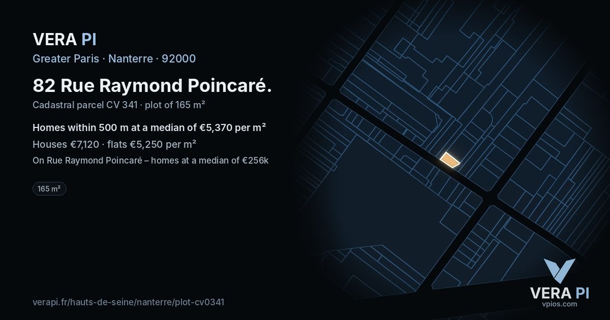 82 Rue Raymond Poincaré, Nanterre at night – the plot lit, the parcels around coloured by the prices near them
