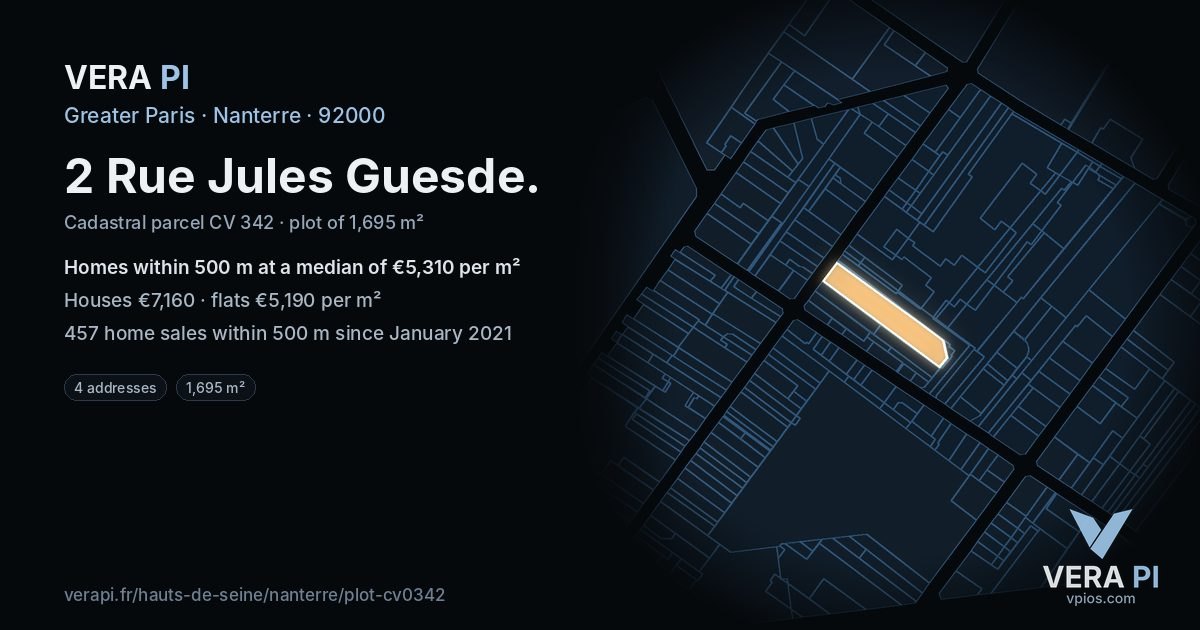 2 Rue Jules Guesde, Nanterre at night – the plot lit, the parcels around coloured by the prices near them