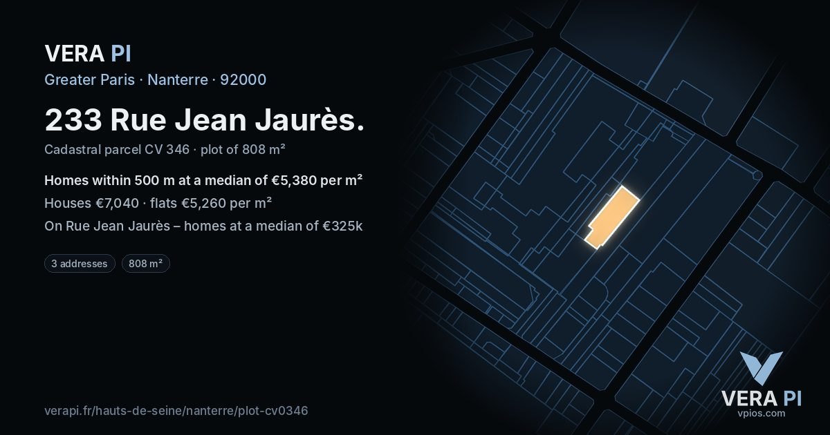 233 Rue Jean Jaurès, Nanterre at night – the plot lit, the parcels around coloured by the prices near them