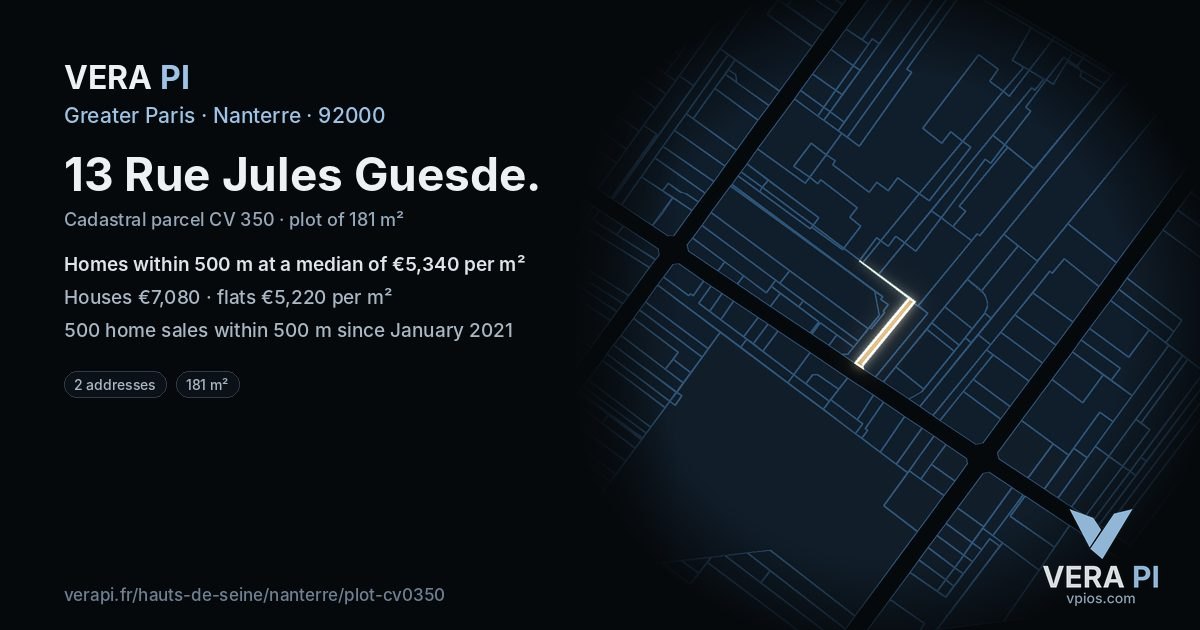 13 Rue Jules Guesde, Nanterre at night – the plot lit, the parcels around coloured by the prices near them