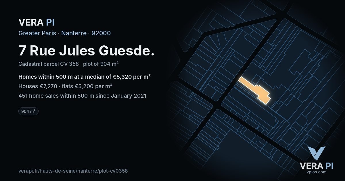 7 Rue Jules Guesde, Nanterre at night – the plot lit, the parcels around coloured by the prices near them