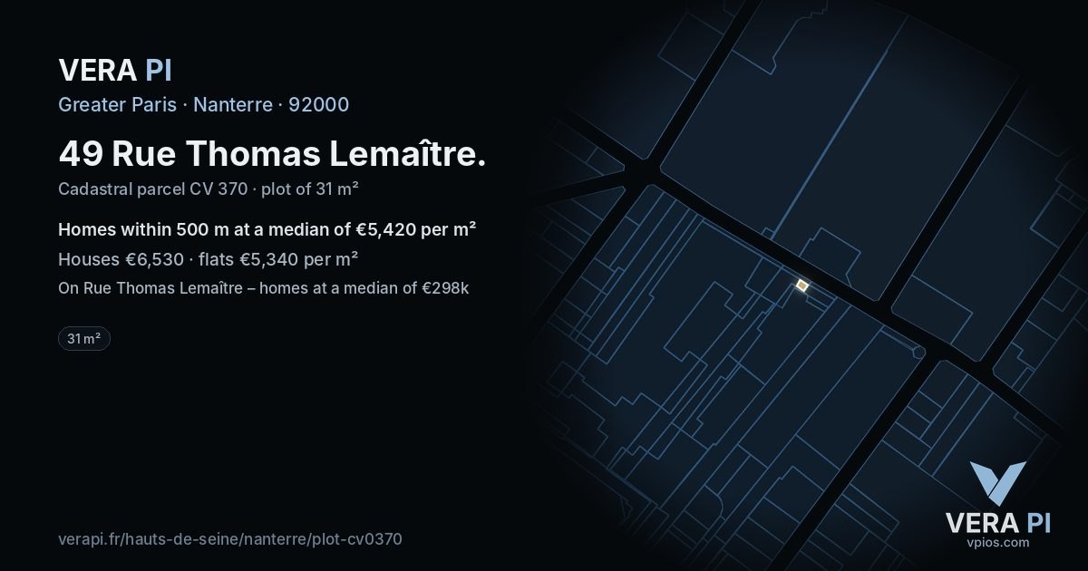 49 Rue Thomas Lemaître, Nanterre at night – the plot lit, the parcels around coloured by the prices near them