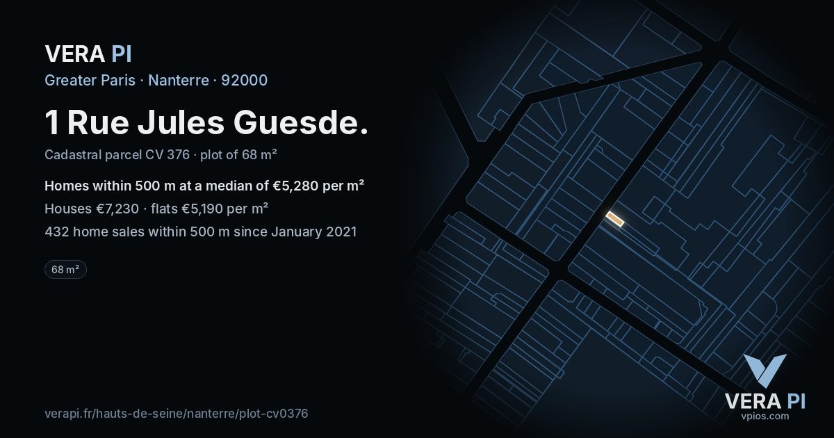 1 Rue Jules Guesde, Nanterre at night – the plot lit, the parcels around coloured by the prices near them