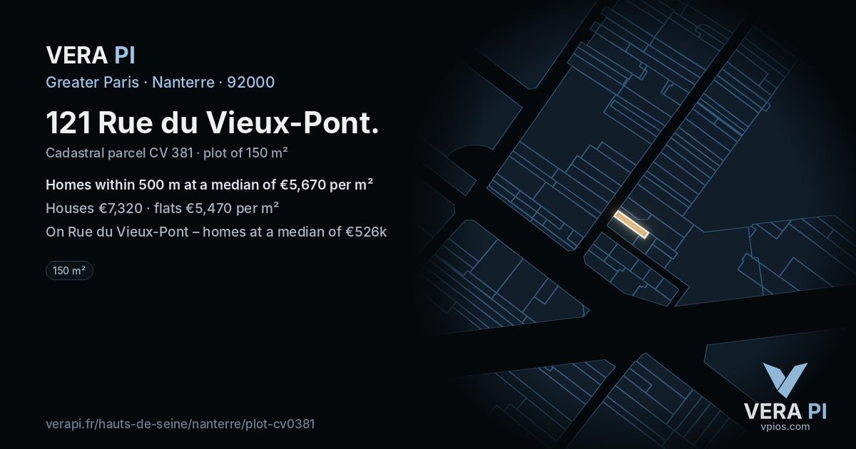 121 Rue du Vieux-Pont, Nanterre at night – the plot lit, the parcels around coloured by the prices near them
