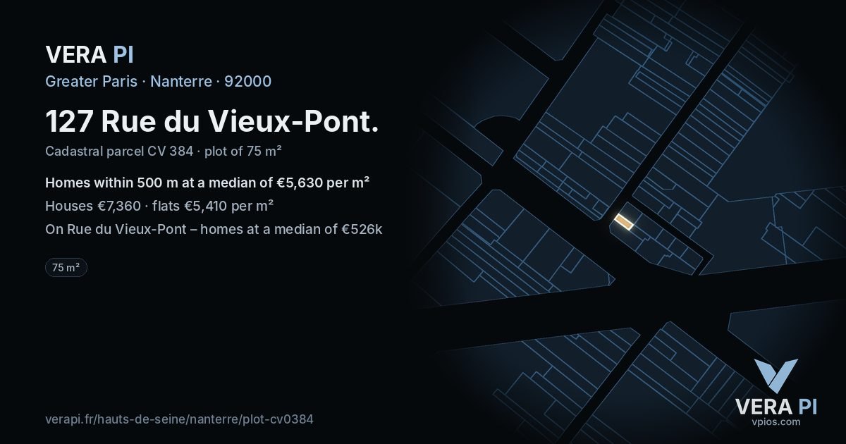 127 Rue du Vieux-Pont, Nanterre at night – the plot lit, the parcels around coloured by the prices near them