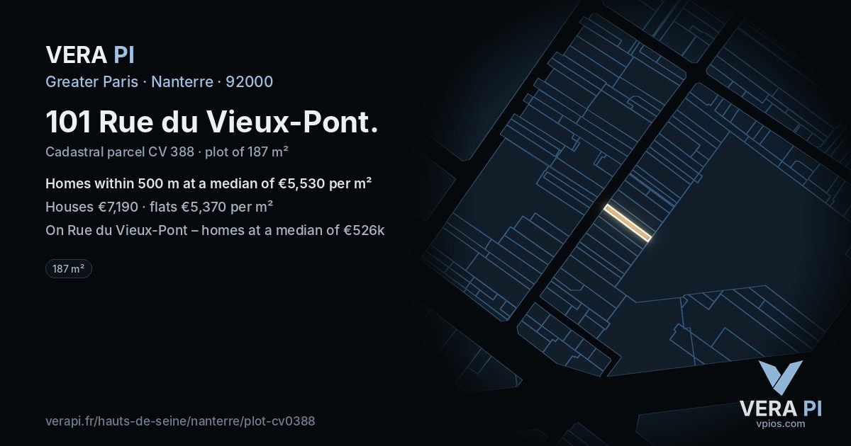 101 Rue du Vieux-Pont, Nanterre at night – the plot lit, the parcels around coloured by the prices near them