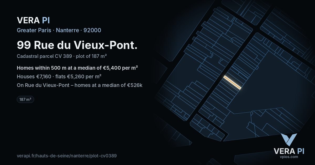 99 Rue du Vieux-Pont, Nanterre at night – the plot lit, the parcels around coloured by the prices near them