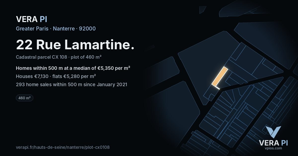 22 Rue Lamartine, Nanterre at night – the plot lit, the parcels around coloured by the prices near them