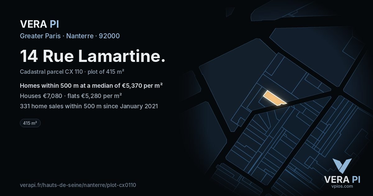 14 Rue Lamartine, Nanterre at night – the plot lit, the parcels around coloured by the prices near them
