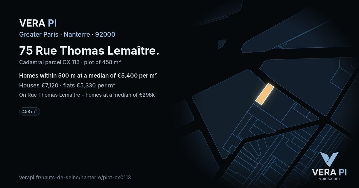 75 Rue Thomas Lemaître, Nanterre at night – the plot lit, the parcels around coloured by the prices near them