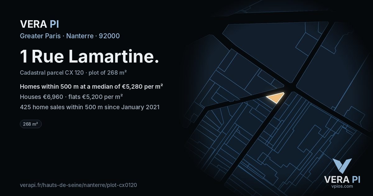 1 Rue Lamartine, Nanterre at night – the plot lit, the parcels around coloured by the prices near them
