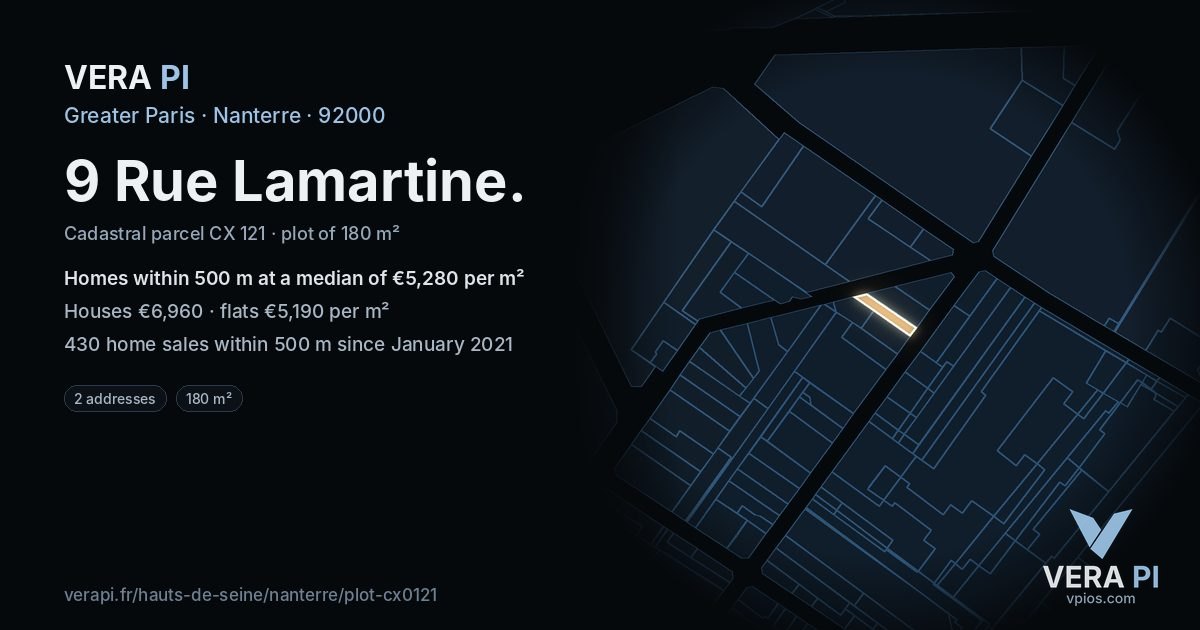 9 Rue Lamartine, Nanterre at night – the plot lit, the parcels around coloured by the prices near them