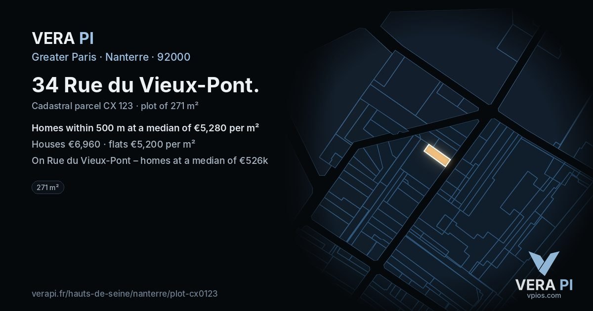 34 Rue du Vieux-Pont, Nanterre at night – the plot lit, the parcels around coloured by the prices near them