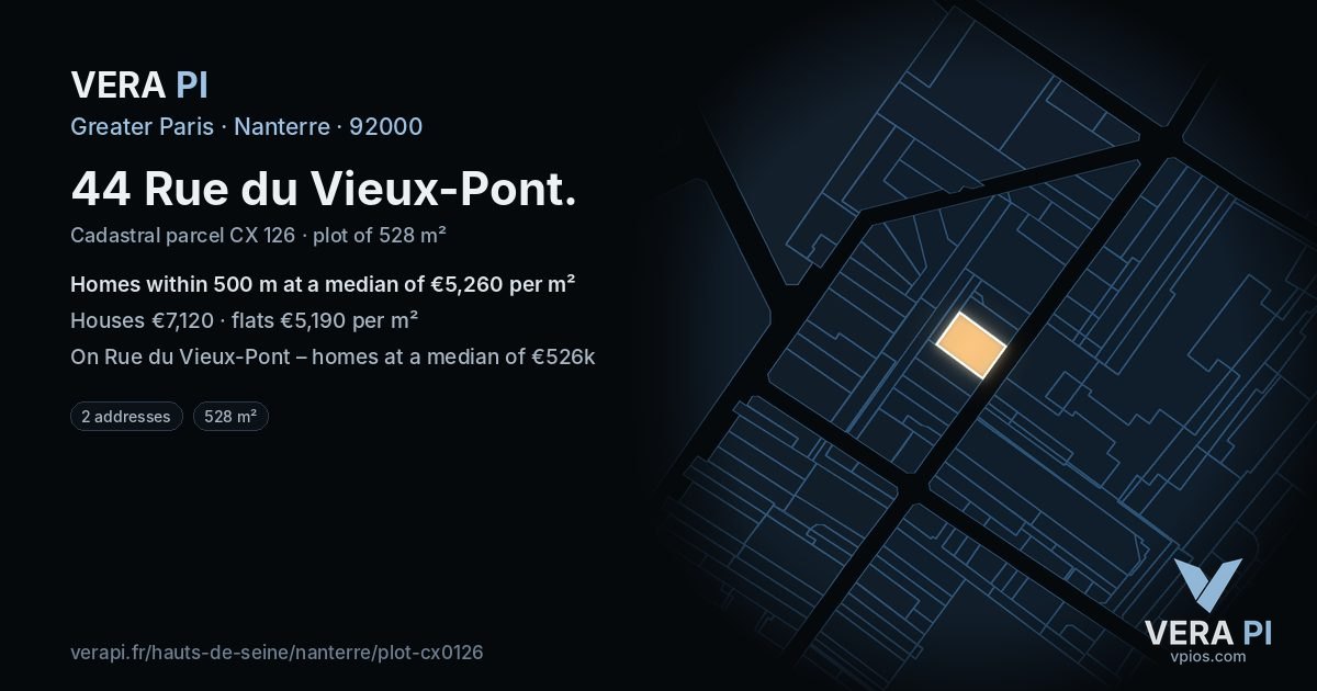44 Rue du Vieux-Pont, Nanterre at night – the plot lit, the parcels around coloured by the prices near them