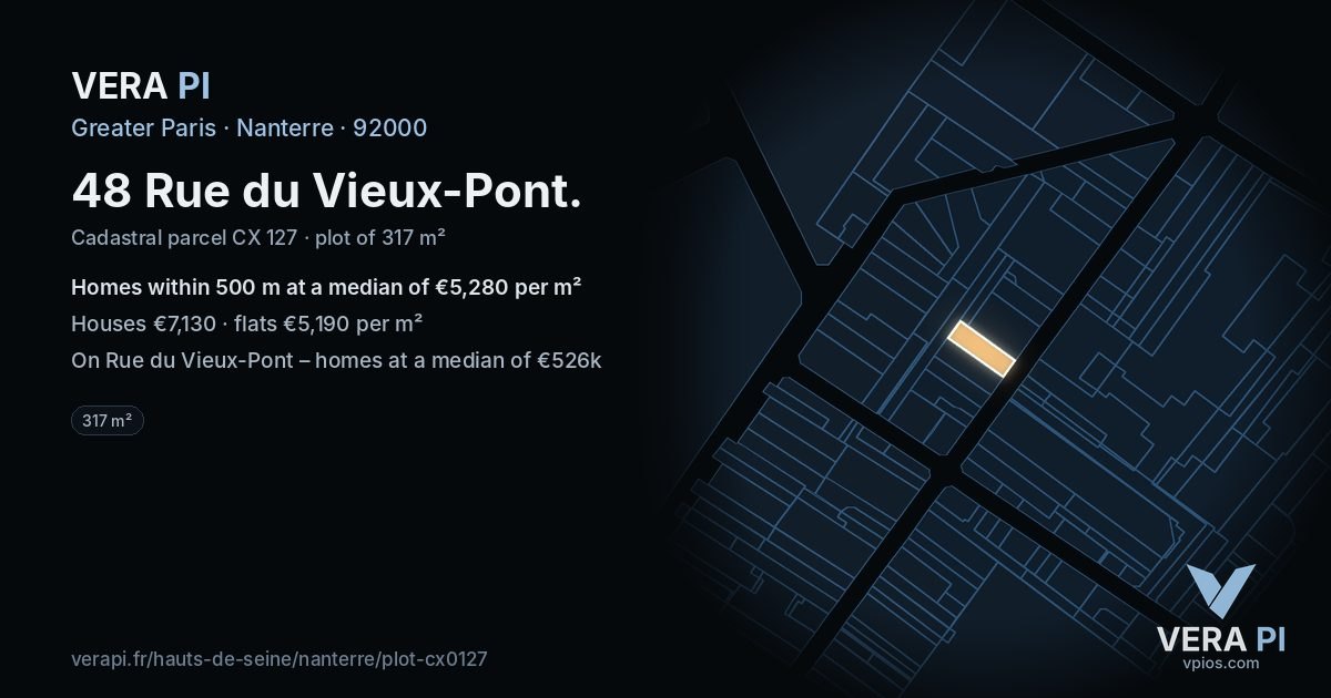 48 Rue du Vieux-Pont, Nanterre at night – the plot lit, the parcels around coloured by the prices near them