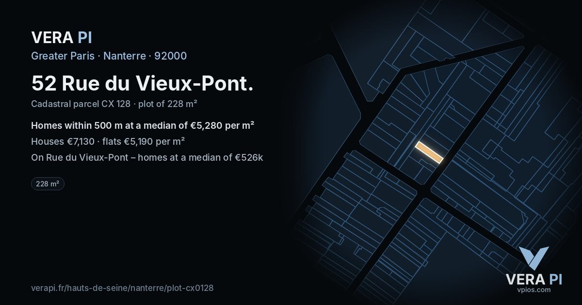 52 Rue du Vieux-Pont, Nanterre at night – the plot lit, the parcels around coloured by the prices near them