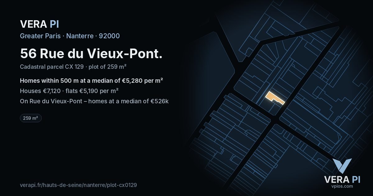 56 Rue du Vieux-Pont, Nanterre at night – the plot lit, the parcels around coloured by the prices near them